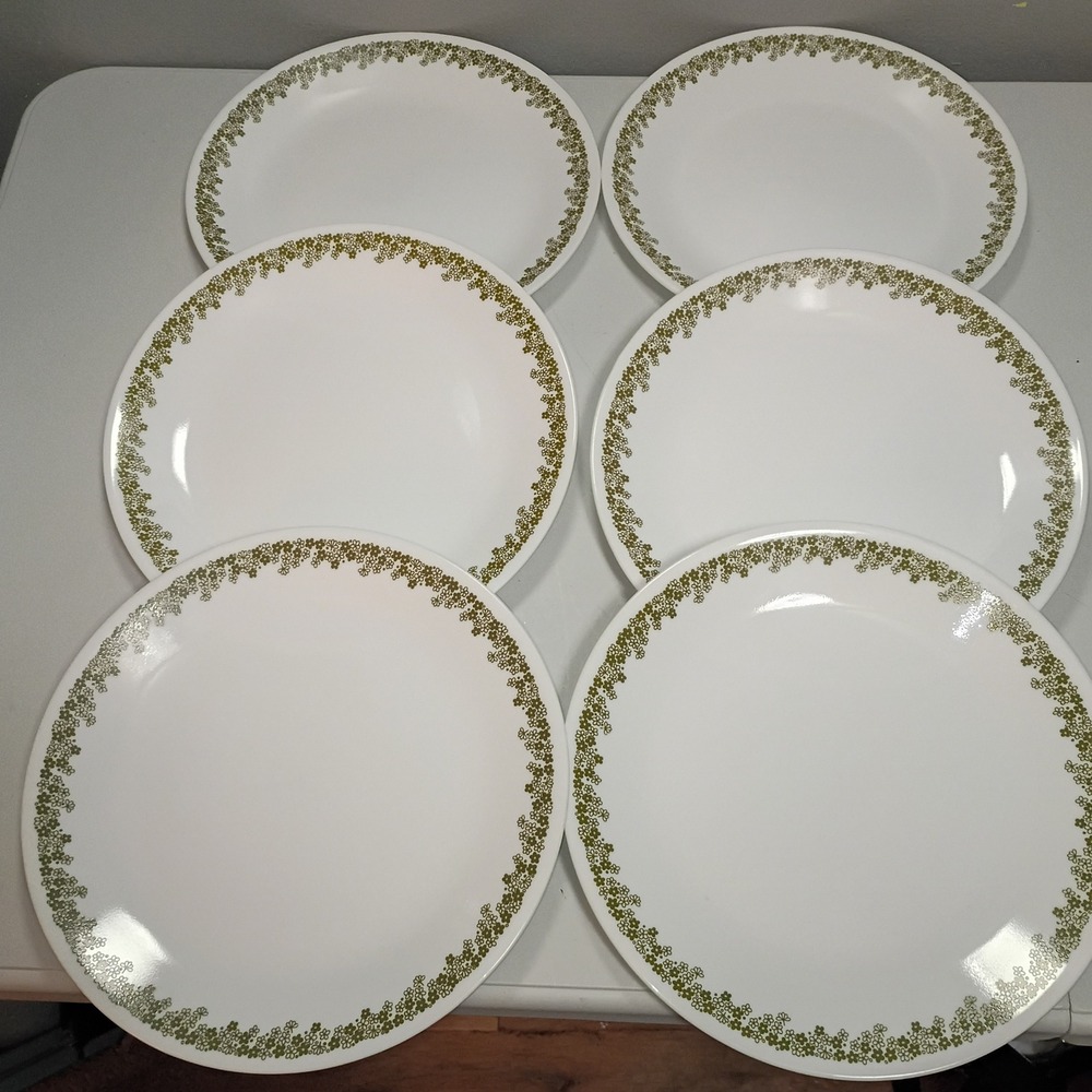 6 Vintage Corelle Spring Blossom Green Crazy Daisy Dinner Plates 10 1/4" MCM